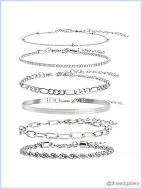6 Pc Plated Stackable Chain Bracelet Set Adjustable Layered Link Bracelets